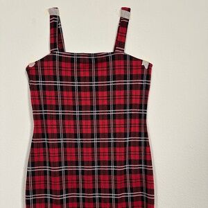 red plaid, midi body con dress